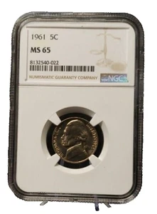 Moneda de níquel 1961-P NGC MS-65 certificada sin circular - Imagen 1 de 9