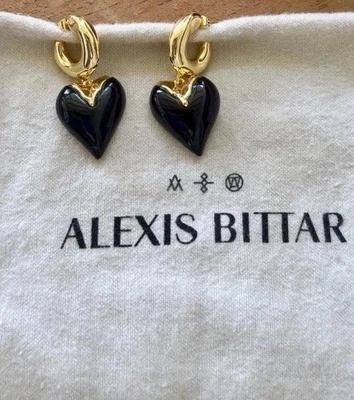 Brincos de coração 100% autênticos Alexis Bittar argola dourada e ônix preto Lucite - Imagem 1 de 4
