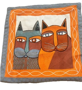 Laurel Burch Inspired Abstract Cat Throw Pillow Crewel Embroidery 18”x18” Zipper - Picture 1 of 12