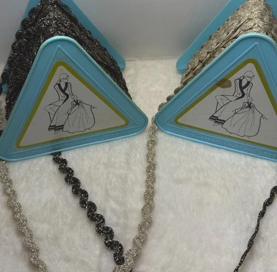 Vintage Conso Lot Of  2 Sewing Trim Rick Rack Display Blk Ivory W Gold Metallic - Image 1 of 4