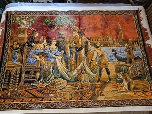 Vintage Large Velvet Wall Hanging - People, Man in Gondola on River - 70" x 48" - Picture 1 of 9
