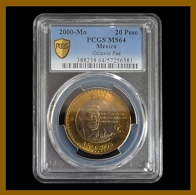 Mexico 20 Pesos Coin, 2000 Mo Octavio Paz PCGS Gold Shield MS 64 - Image 1 of 2