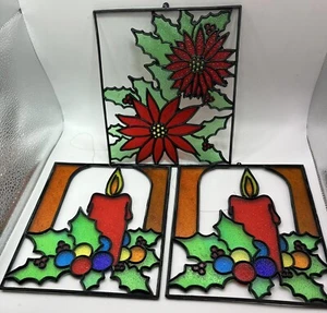 Set Of 3 Vintage Christmas Faux Stained Glass Suncatchers 2 Candles Pointsettia - Picture 1 of 5