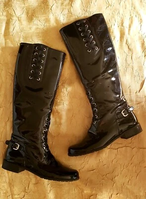 STUART WEITZMAN $695 BLACK PATENT LEATHER TALL LACE UP BOOTS 38 7 - Image 1 of 4