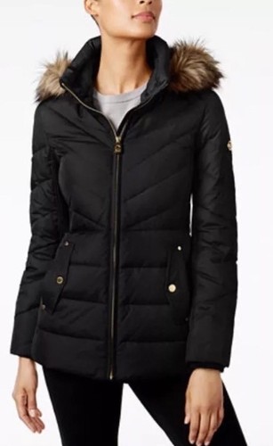 Michael Kors Giacca Cappotto Piumino Cappuccio Ecopelliccia Petite Nero PM $280 Nuovo con etichette