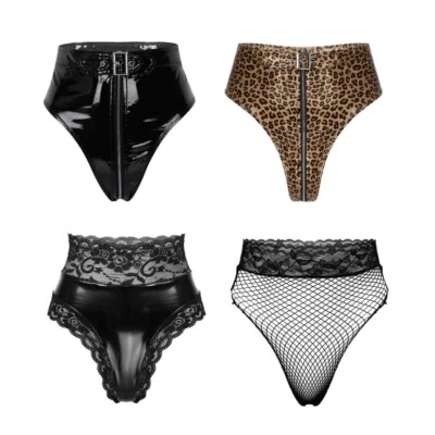 Damen Wetlook PVC Slip hoher Bund durchsichtig Netz Mini Shorts Hot Pants - Bild 1 von 3