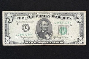 1950E $5 Federal Reserve Note Five Dollar Star San Francisco FR 1966-L* Currency - Picture 1 of 2
