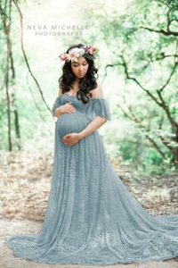 Lace Pregnant Women Off Shoulder Maternity Dress Photography Prop Photo LongGown - Picture 1 of 25