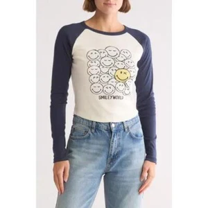 Vinyl Icons Smiley NWOT Kid’s Long Sleeve Raglan Crop T-Shirt in Navy-Size Large - Picture 1 of 8