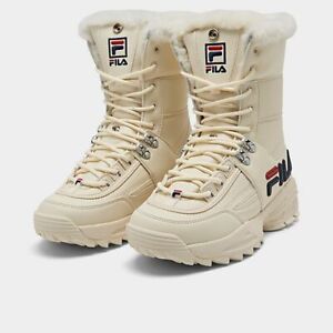 NEW WOMEN FILA DISRUPTOR BOOT FUR OFF WHITE IVORY LACE UP FUR LINING BOOTS