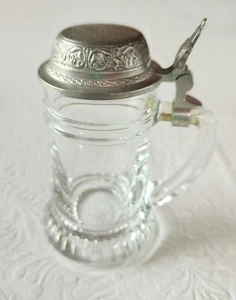 BMF SCHNAPSKRÜGERL Vintage Mini Bier Stein 4"" Klarglas Zinn Deckel W. Germany - Bild 1 von 7
