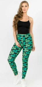  St Patricks Day Classic 4 Leaf Clover Shamrocks One Size 0-14 Adult Leggings  - Picture 1 of 3