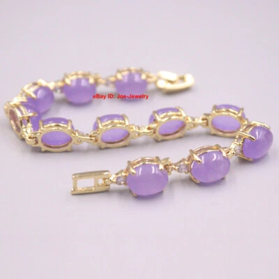 NUEVO Conjunto de pulsera para mujer enchapada en oro amarillo de 8 mm ovalada de jade púrpura 7,48" L Foto 1 de 4
