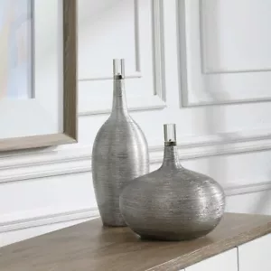 TWO GATSBY MODERN RIBBED CERAMIC URNS BOTTLES CRYSTAL TOPS UTTERMOST - Picture 1 of 3