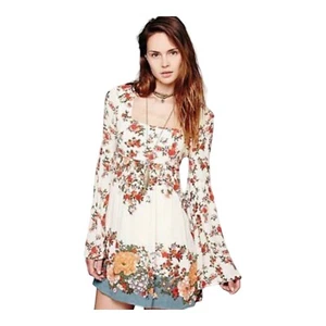 FREE PEOPLE Mujer Boho Floral Imperio Cintura Envejecida Camisa Larga Mini Vestido XS - Imagen 1 de 17