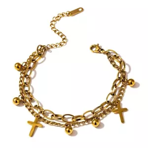 Cross Layered Bracelet Gold Link Dainty Minimalist Faith Jewelry Gift for Women - Picture 1 of 10