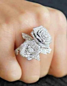 2Ct Round Lab Created Diamond Cocktail Floral Rose Ring 14K White Gold Plated - Picture 1 of 6