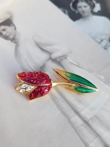 Vintage SWAROVSKI rote Pavé Kristall Tulpe Blume emailliert Frühling Brosche Anstecknadel - Bild 1 von 5
