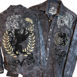 Y2K Helix Shirt Men L Button Long Sleeve Tie Dye Velvet Grunge Griffin Lion Read - Picture 1 of 14