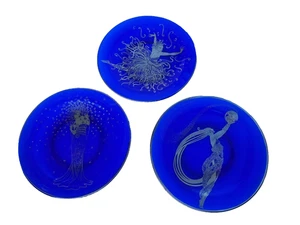 Vintage Erte Set of 3 Cobalt Blue Silver Plates by Franklin Mint - Picture 1 of 16