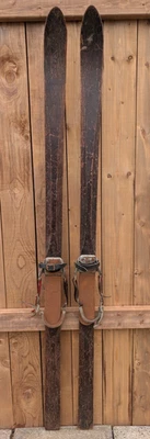 Vintage Antique Wooden  Snow Skis 68" Long with Metal Cables Bindings - Image 1 of 4
