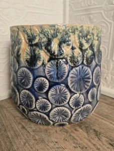 Spectra Petits 7" Plant Pot Ceramic Crackled Drip Blue & Cream Flowers - Picture 1 of 7