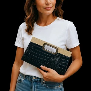 Bolso sin asas Giannini negro cocodrilo en relieve noche fiesta bolso de mano - Imagen 1 de 4