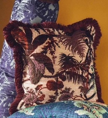 Anthropologie House of Hackney Pampas Velvet Fringed Pillow Plum Pink Square NEW - Image 1 of 3