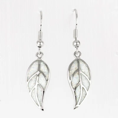 Nature Leaf Shape White Fire Opal Silver Jewelry Dangle Drop Earrings - Image 1 of 4