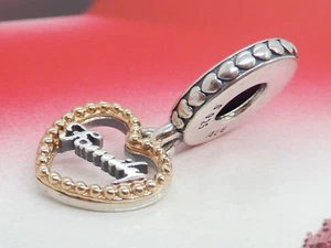 Pandora Silver & 14K Gold Family Script Heart Dangle Charm 792011 - Picture 1 of 12