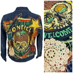 Denim Jacket Womens Large Surfer Dude Grunge Patchwork Art to Wear Upcycled - Picture 1 of 13
