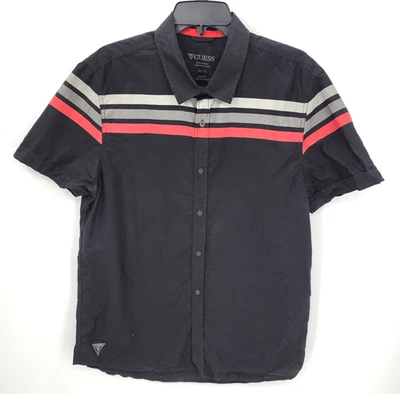 Guess Shirt Mens XL Black Red Stripe 90s Y2K Short Sleeve Button Up Rockabilly - Image 1 of 4