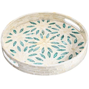 Mother of Pearl Inlay Serving Tray 12 Inch Round Decorative Table Tray Wood C... - Picture 1 of 8