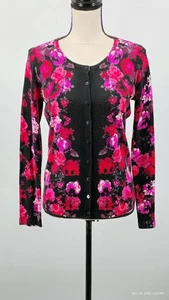 TALBOTS 100% Pure Merino Wool Rose Print Cardigan Button Down Black Red Pinks S - Bild 1 von 21