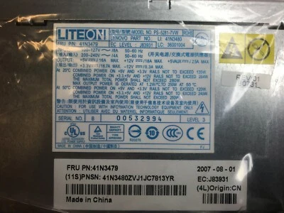 LITEON Power Supply Unit, Model PS-5281-7VW. Lenovo Part Number: 41N3479 - Image 1 of 3