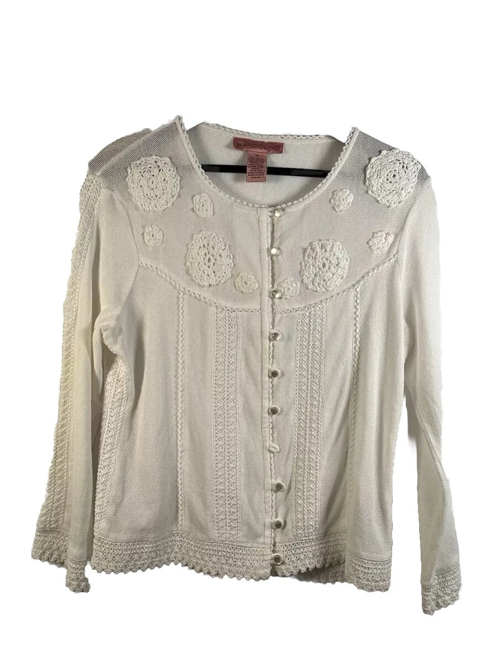 Cárdigan Bandolino Beige Crochet Suéter Talla 12 Cottagecore Campesino  Foto 1 de 4