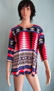 3/4 Arm TOP Tribal Tunika faltenfrei Reise Stoff rot & blau Jostar -XL - Bild 1 von 7
