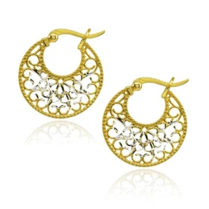 Two-Tone Diamond-Cut Filigree Yellow Gold Flashed Sterling Silver Heart Earrings - Picture 1 of 3
