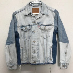 Levis Trucker Jacke Damen XS Ex-Boyfriend Blau Denim Colorblock ausgefranster Saum - Bild 1 von 11