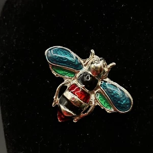Vintage Brosche Anstecknadel silberfarben emailliert Biene Käfer blau grün rot schwarz Schmuck - Bild 1 von 5