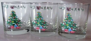 3 Vintage Christmas Tree Lowball Glasses Glass Clear Decorated Holiday Tumbler - Picture 1 of 1