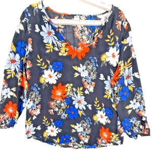 Antigua Blusa Floral Azul Marino Talla L Azul Globo Manga Larga Cottagecore Boho Resort - Imagen 1 de 9