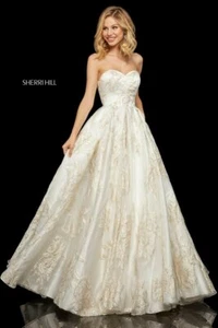 Sherri Hill 52952 Ivory Gold Pageant Wedding Ball Gown Dress sz 4 - Picture 1 of 2