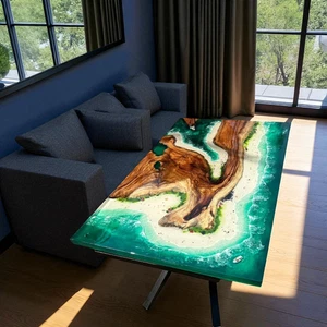 Green Ocean Wave Resin Epoxy Wood Dining Tabletop Live Edge Home Furniture Decor - Picture 1 of 9
