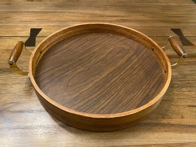Vintage Kraftware, MCM? Serving Tray w Handles; Wood, 12-1/2" Diameter-Fine Cond - Image 1 of 4
