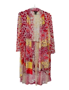 Multiples Elegant Sheer Lace Kimono Sz XL Red Yellow Open Front Floral Polka Dot - Picture 1 of 12