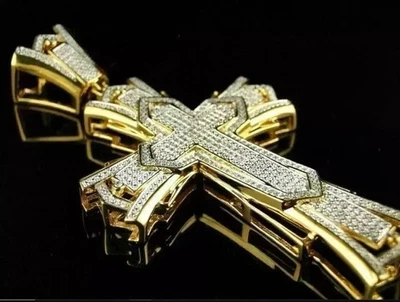 2.10Ct Round Cut Real Moissanite Men's Cross Pendant 14K Yellow Gold Plated - Image 1 of 4