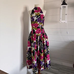 Vestido Midi Halter Floral Rosa Púrpura Vintage Dawn Joy Fashions Espalda Abierta - Imagen 1 de 14