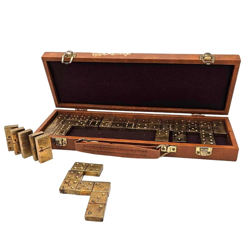 Vintage Brass Dominoes Set With Leather Case Bones Tiles 28 pieces 2oz 1.75in - Image 1 of 4