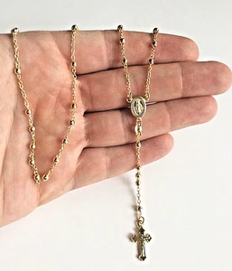 925 Solid Sterling Silver & Gold Plated Italian Rosary 3mm Beads 24" Necklace - Picture 1 of 7